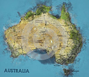 Watercolor Illustration of Australia Map