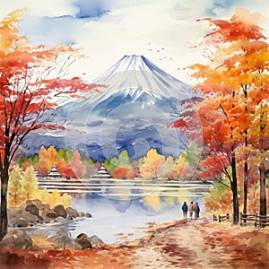 Watercolor illustration of autumn in Fuji. Fujiyama in autumn