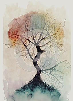watercolor illustration with autumnal tree