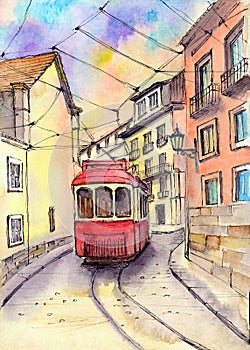 Watercolor illustration of aÑ‚ old town street with a red tram