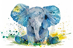 Watercolor illustration of a baby elephant with a vibrant abstract background. Playful elephant art. Concept of colorful