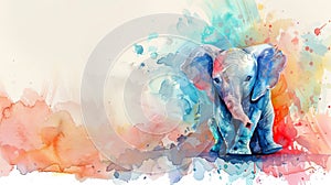 Watercolor illustration of a baby elephant with a vivid abstract backdrop. Playful elephant art. Concept of colorful