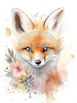Watercolor Illustration Of A Baby Fox Surrounded by Flowers On a White Background in Pastel Colors