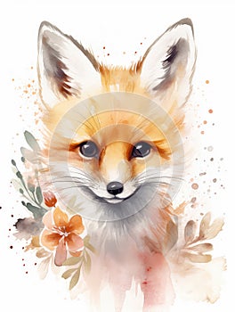 Watercolor Illustration Of A Baby Fox Surrounded by Flowers On a White Background in Pastel Colors