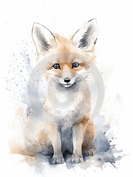 Watercolor Illustration Of A Baby Fox On a White Background and Light Pastel Colors