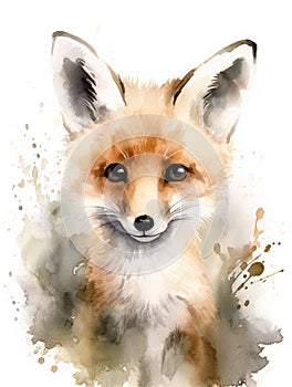 Watercolor Illustration Of A Baby Fox On a White Background in Pastel Colors