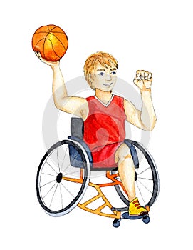 Watercolor illustration of a Backetball wheelchair Paralympic sport.