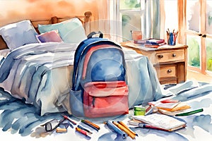 Watercolor illustration of a backpack bag and school supplies on the bed.