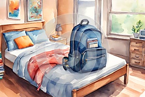 Watercolor illustration of a backpack bag and school supplies on the bed, blurred background.