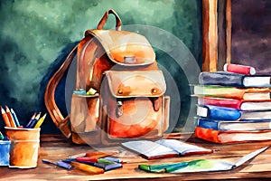 Watercolor illustration of a backpack bag and school supplies on the wooden table, blurred background.