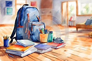 Watercolor illustration of a backpack bag on the wooden floor, blurred background.