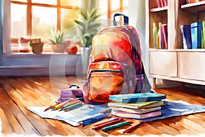 Watercolor illustration of a backpack bag on the wooden floor, blurred background.