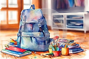 Watercolor illustration of a backpack bag on the wooden floor, blurred background.