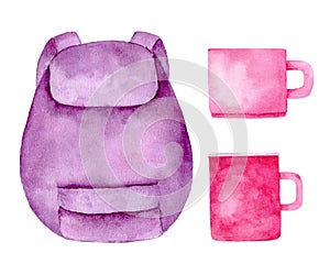 Watercolor illustration of a backpack and cups isolated on white background.