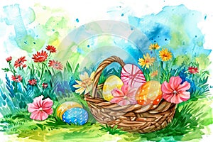 watercolor illustration of a basket of Easter eggs with flowers