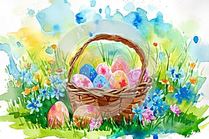 watercolor illustration of a basket of Easter eggs with flowers, with a beautiful garden in the background