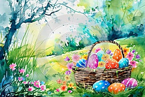 watercolor illustration of a basket of Easter eggs with flowers, with a beautiful garden in the background