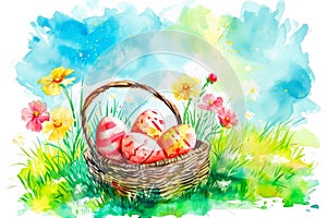 watercolor illustration of a basket of Easter eggs with flowers, with a beautiful garden in the background