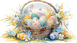 A watercolor illustration of a basket filled with colorful, decorated Easter eggs surrounded by spring flowers