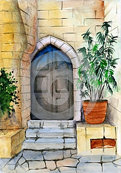 Watercolor illustration of a beautiful antique wooden turquoise door under a carved stone arch