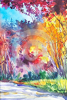 Watercolor illustration of a beautiful bright fall forest landscape