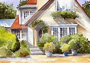 Watercolor illustration of a beautiful cottage with a red roof and mullioned windows photo