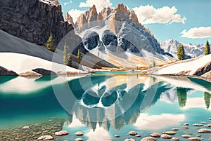 Watercolor illustration of the beautiful Dolomites in Italy