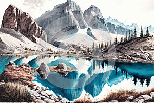 Watercolor illustration of the beautiful Dolomites in Italy photo