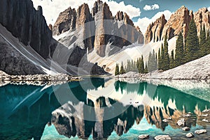 Watercolor illustration of the beautiful Dolomites in Italy photo