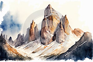 Watercolor illustration of the beautiful Dolomites in Italy photo