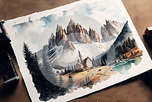 Watercolor illustration of the beautiful Dolomites in Italy photo