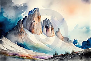 Watercolor illustration of the beautiful Dolomites in Italy photo