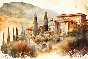 Watercolor illustration of the beautiful fields of Tuscany in Italy