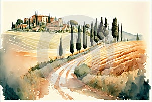 Watercolor illustration of the beautiful fields of Tuscany in Italy