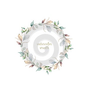 Watercolor illustration of a beautiful floral wreath with spring flowers. Hand drawn elegant light pink flowers on white