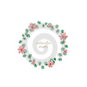 Watercolor illustration of a beautiful floral wreath with spring flowers. Hand drawn elegant light pink flowers on white
