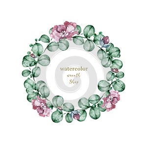 Watercolor illustration of a beautiful floral wreath with spring flowers. Hand drawn elegant light pink flowers on white