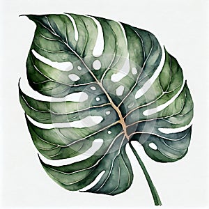 Watercolor illustration of beautiful green monstera leaf on white background. Hand drawn art