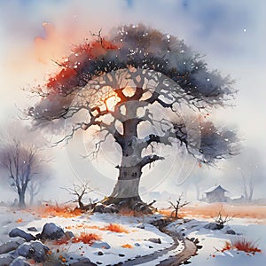 Watercolor illustration, beautiful landscape with a branchy tree,