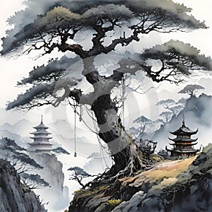 Watercolor illustration, beautiful landscape with a branchy tree,