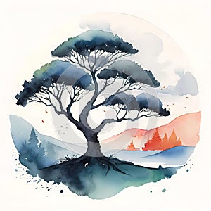 Watercolor illustration, beautiful landscape with a branchy tree,