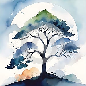 Watercolor illustration, beautiful landscape with a branchy tree,