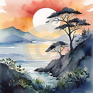 Watercolor illustration, beautiful landscape with a branchy tree,