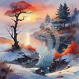 Watercolor illustration, beautiful landscape with a branchy tree,