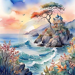 Watercolor illustration, beautiful landscape with a branchy tree,