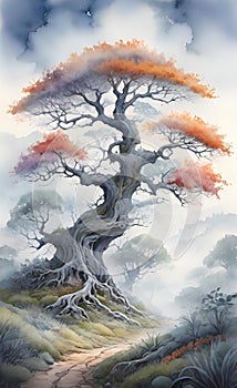 Watercolor illustration, beautiful landscape with a branchy tree,
