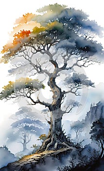 Watercolor illustration, beautiful landscape with a branchy tree,