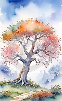 Watercolor illustration, beautiful landscape with a branchy tree,