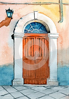 Watercolor illustration of a beautiful old red door with arched top