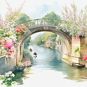 Watercolor illustration beautiful sweet canal bridge with beautiful flowers, colorful flower gardens